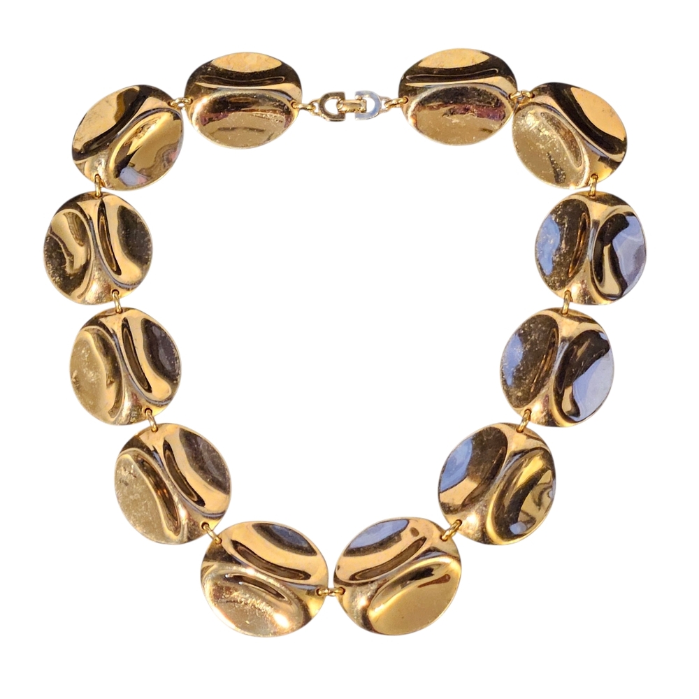 Vintage Christian Dior Necklace Gold Tone Disc Chain Choker Collar Necklace